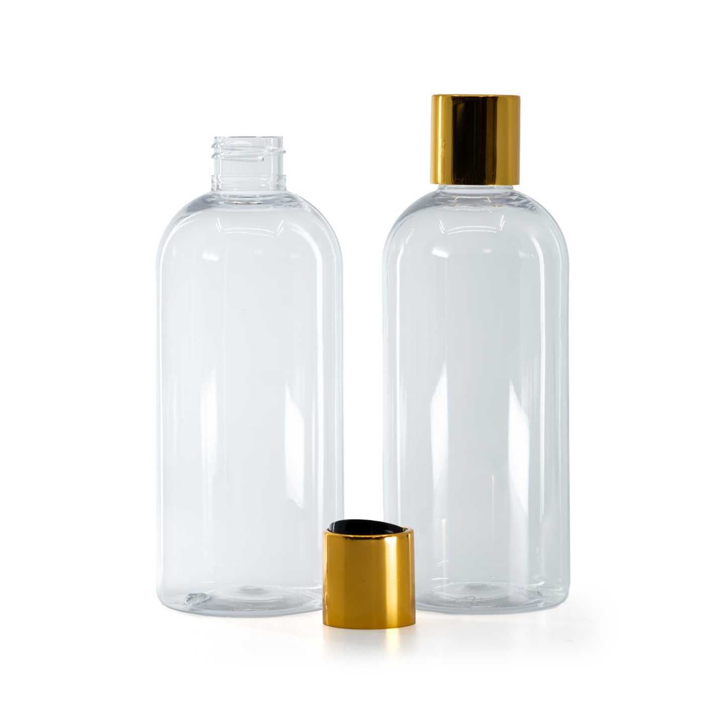 Plastová fľaša priehľadná okrúhla, disc top vrchnák, zlatý, čierny stred, 300 ml