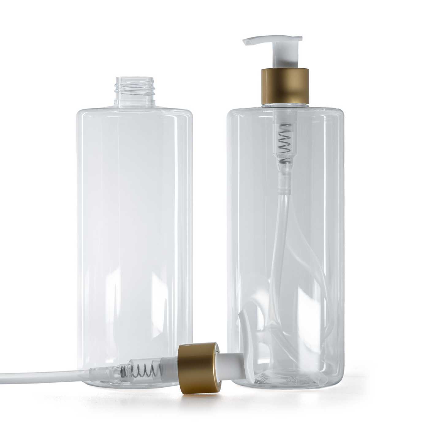 Plastová fľaša priehľadná, bielo-zlatý matný dávkovač, 500 ml