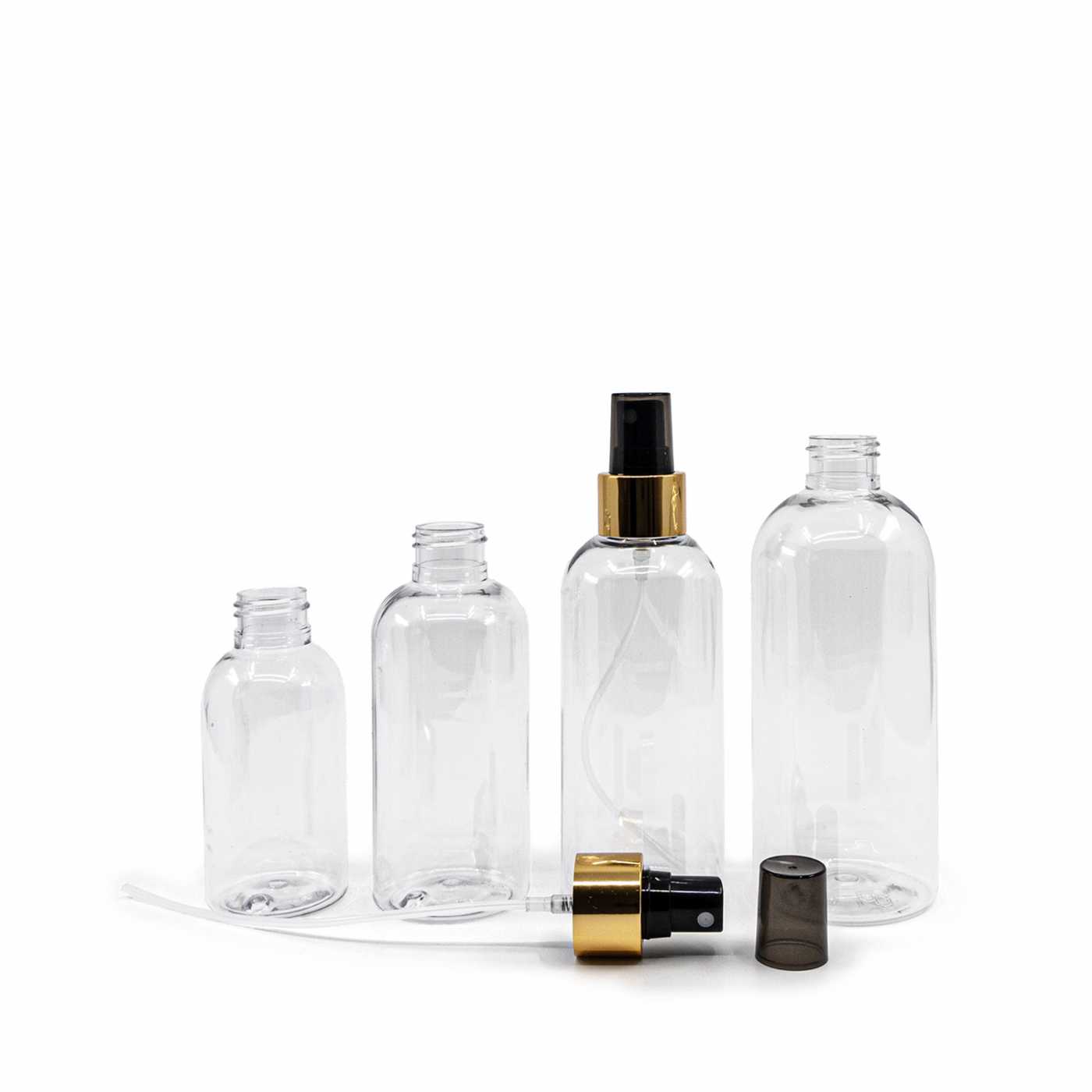 Plastová fľaša, priehľadná, čierny rozprašovač, zlatá lesklá obruč, 500 ml