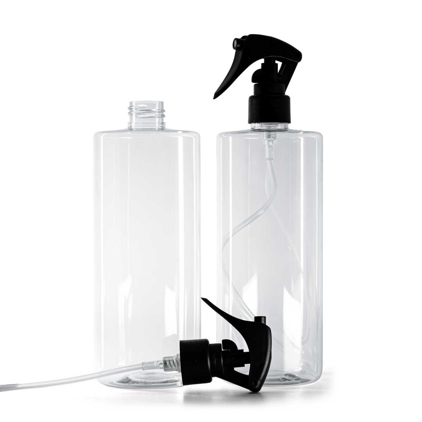 Butelka plastikowa, przezroczysta, spryskiwacz z dźwignią matowy czarny, gładki kołnierz, 500 ml