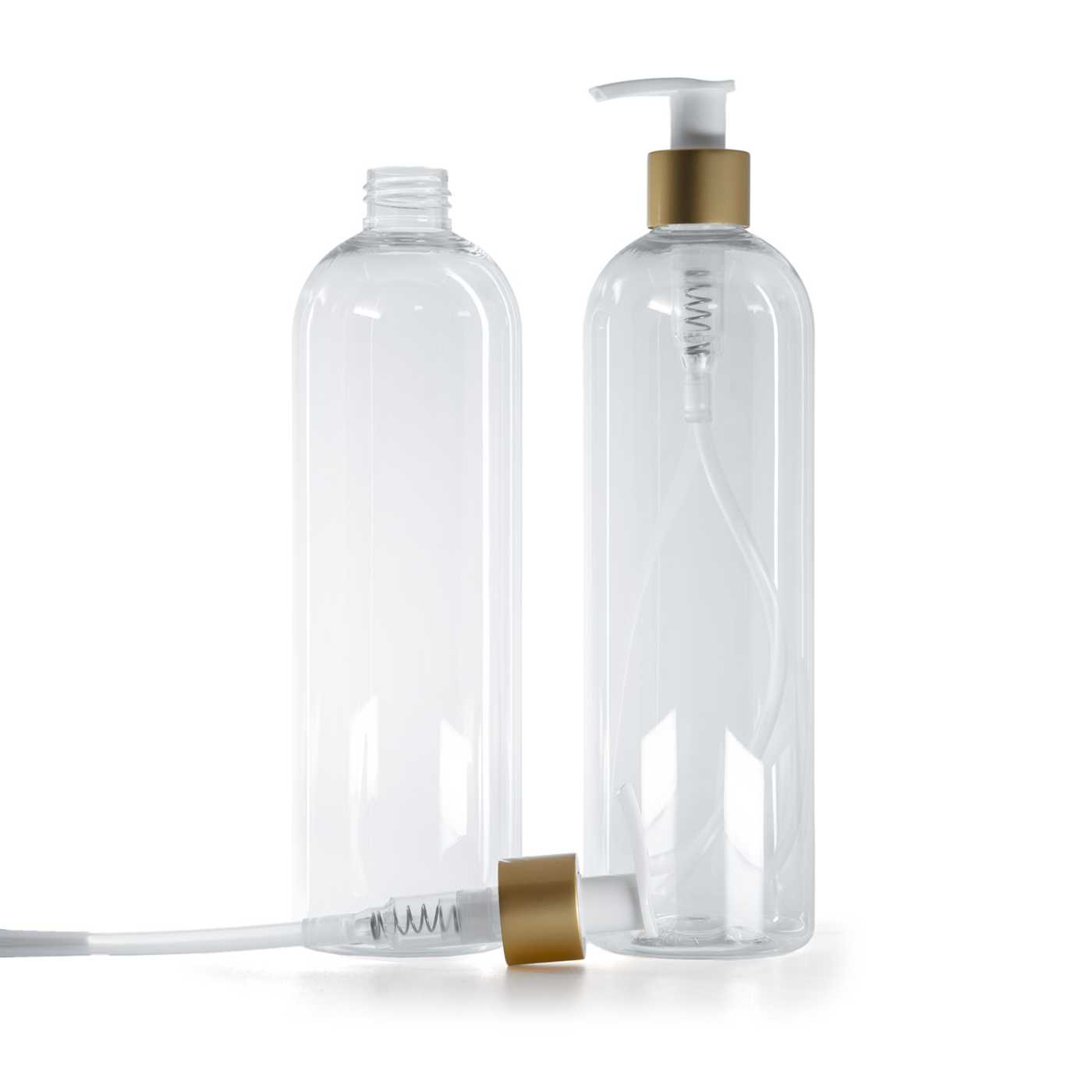 Plastová fľaša priehľadná, okrúhla, bielo-zlatý matný dávkovač, 500 ml