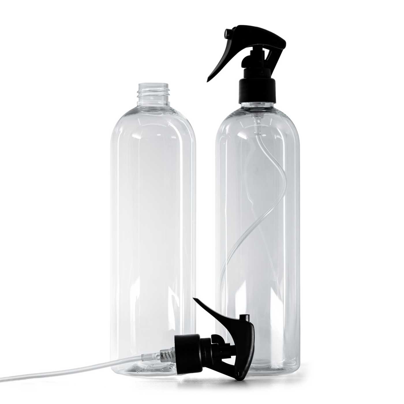 Butelka plastikowa przezroczysta okrągła, spryskiwacz czarny matowy, gładka obręcz, 500 ml