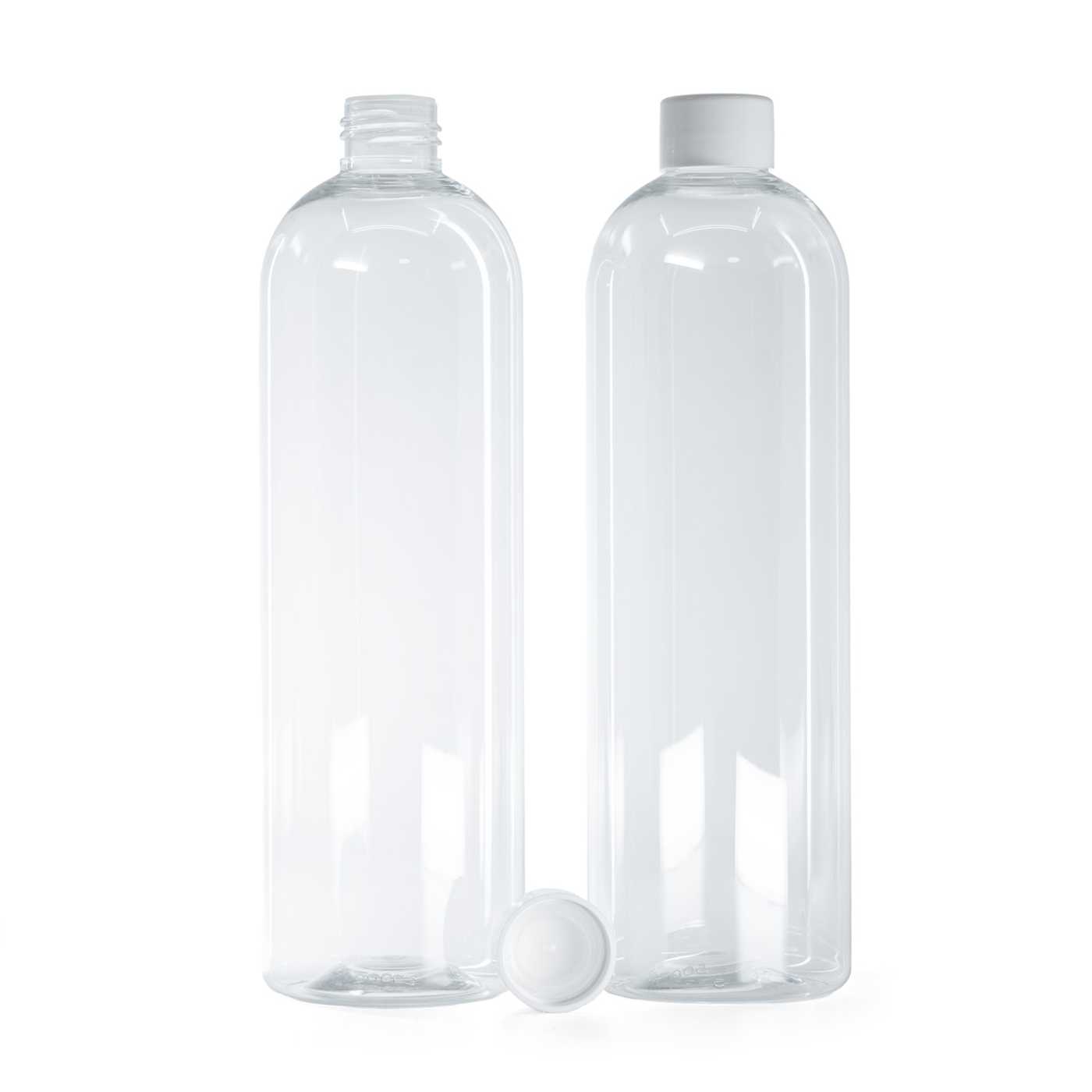 Kulatá průhledná plastová láhev, hladké bílé víčko s redukcí, 500 ml
