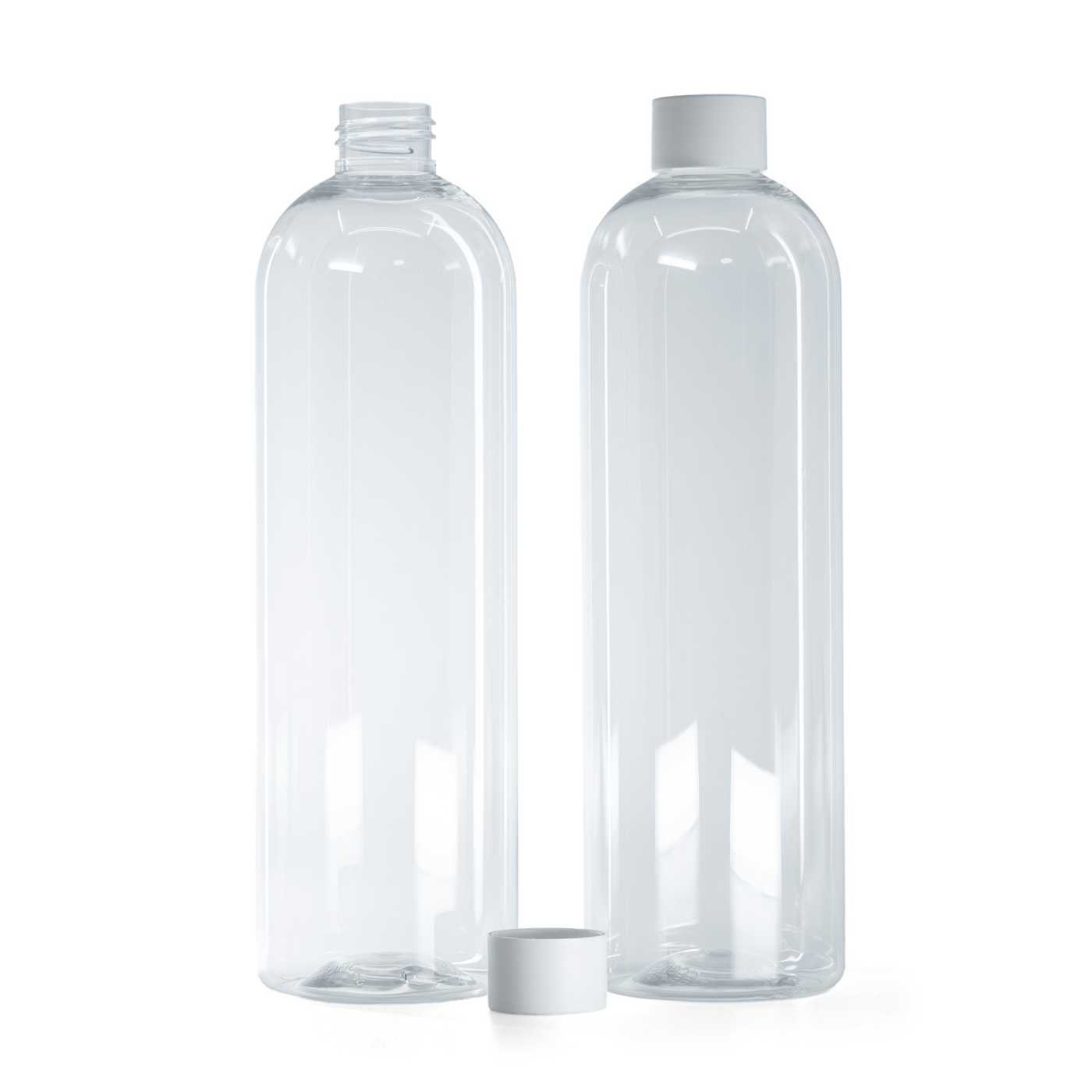 Kulatá průhledná plastová láhev, matné bílé víčko, 500 ml