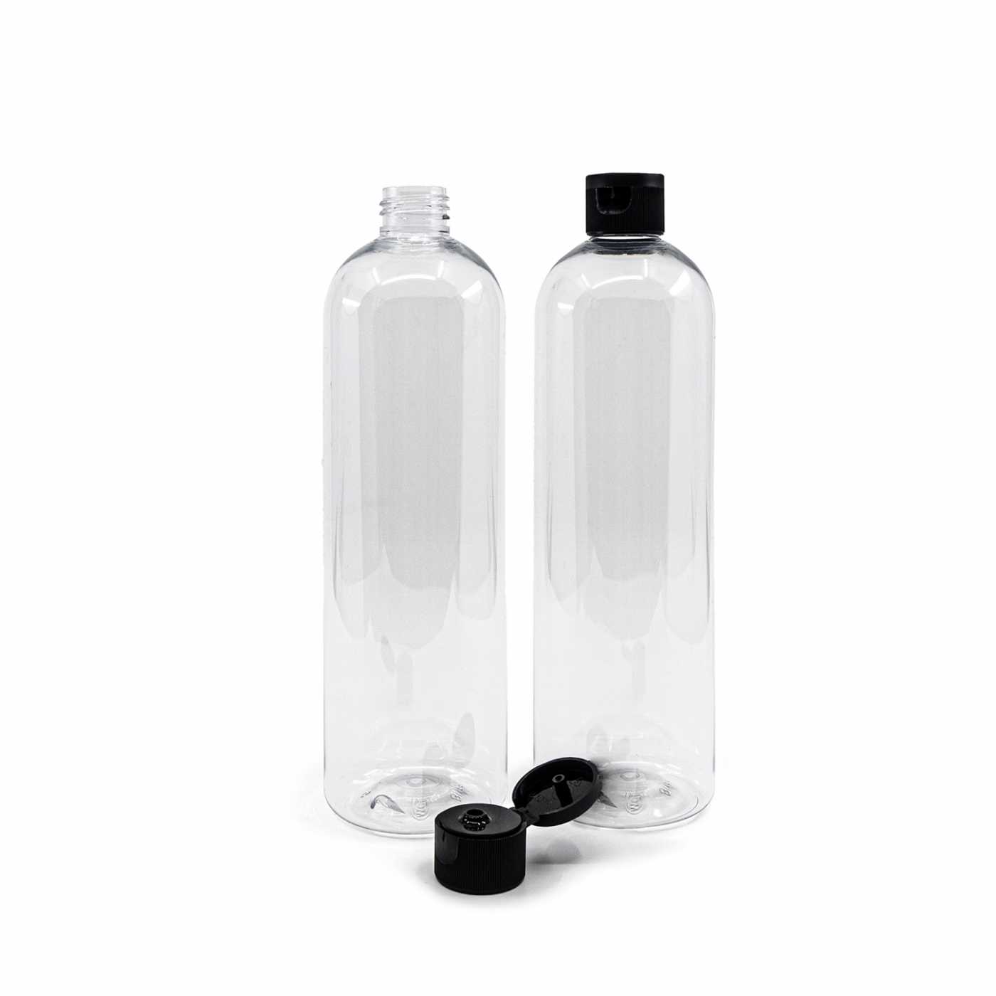 Flacon plastique rond transparent 24/410, bouchon flip-top noir, 500 ml
