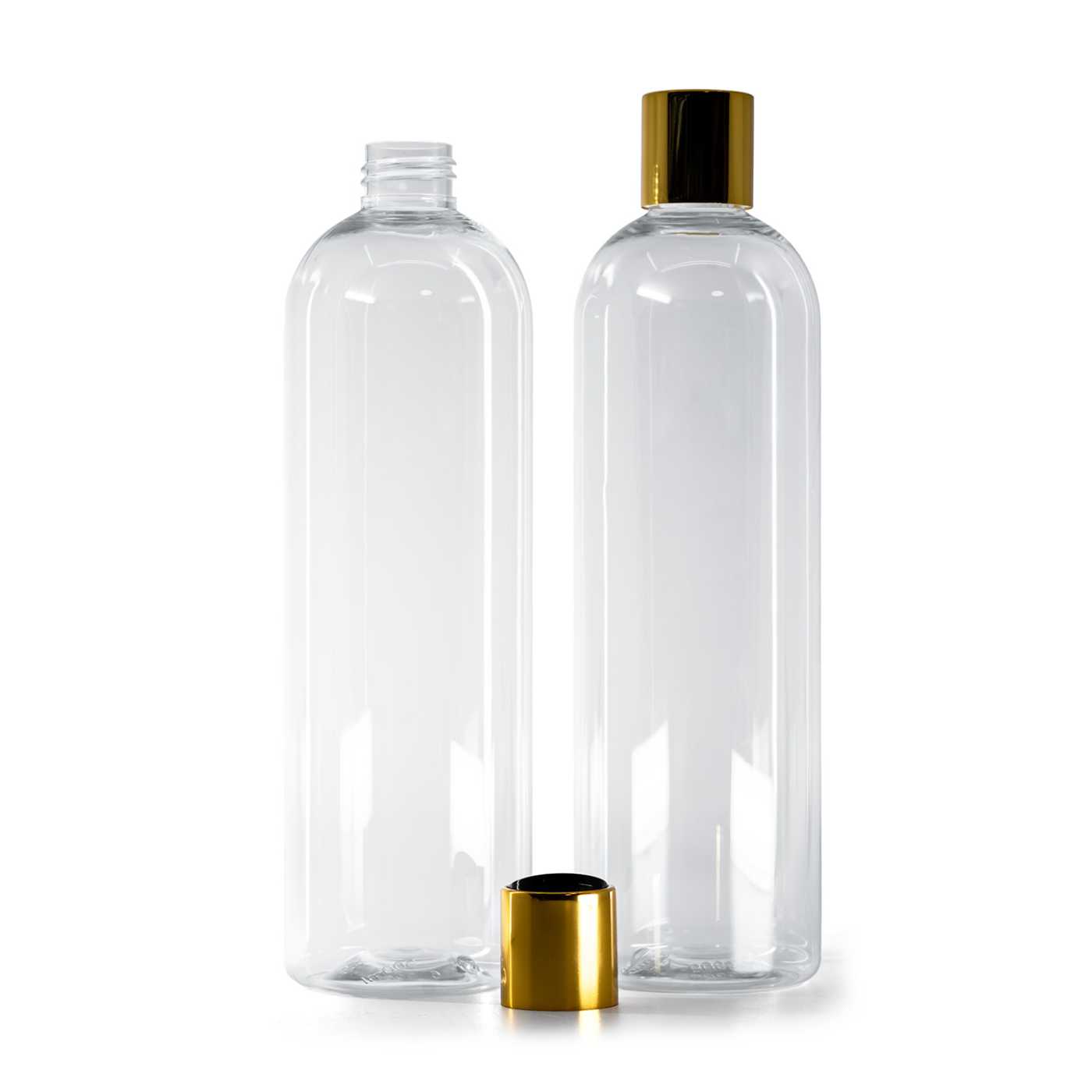 Plastová láhev, průhledná, kulatá, disc top víčko, zlaté s černým středem, 500 ml