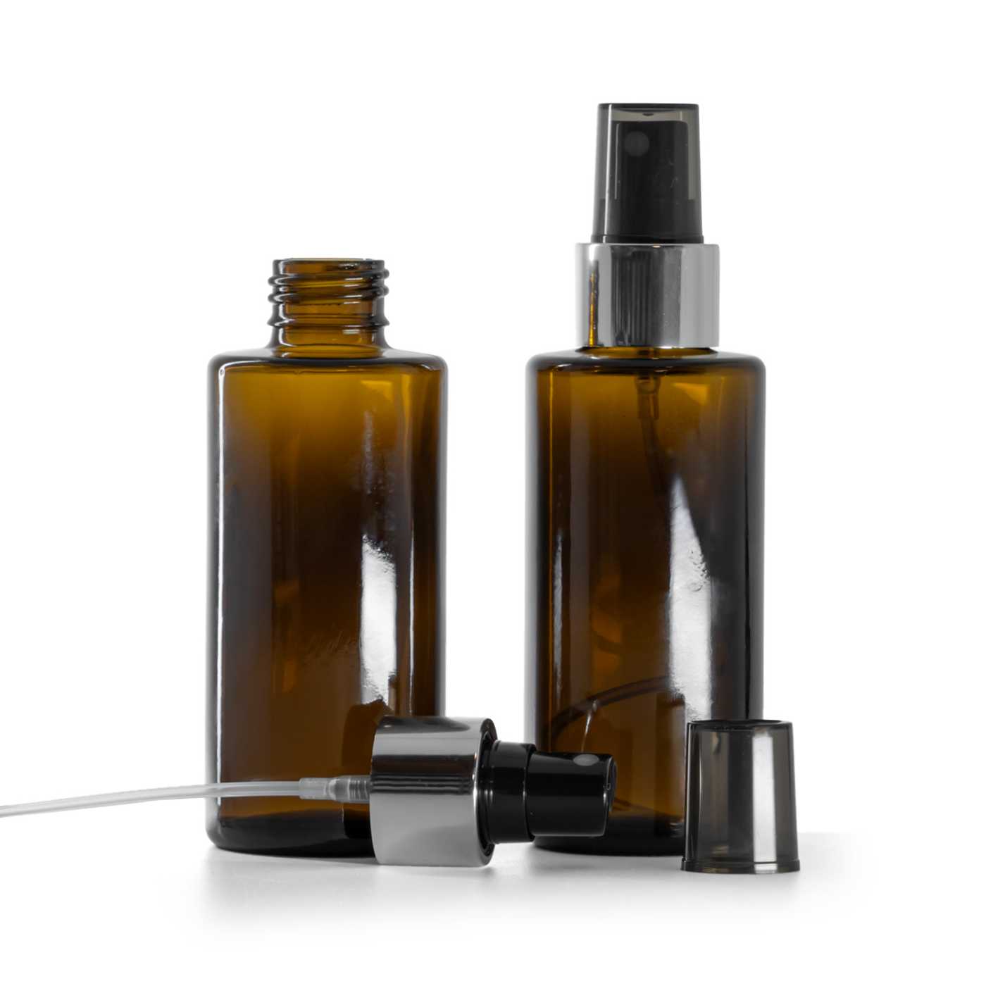 Butelka szklana, prosty wierzch, 24 mm, atomizer czarny, srebrny błyszczący pierścień, 100 ml