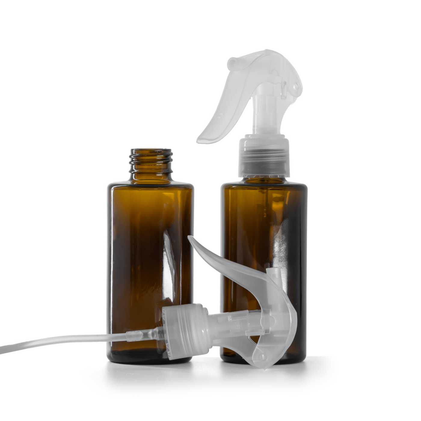 Botella de vidrio, ámbar, cuello recto, 24 mm, pulverizador de gatillo mini, transparente, 100 ml