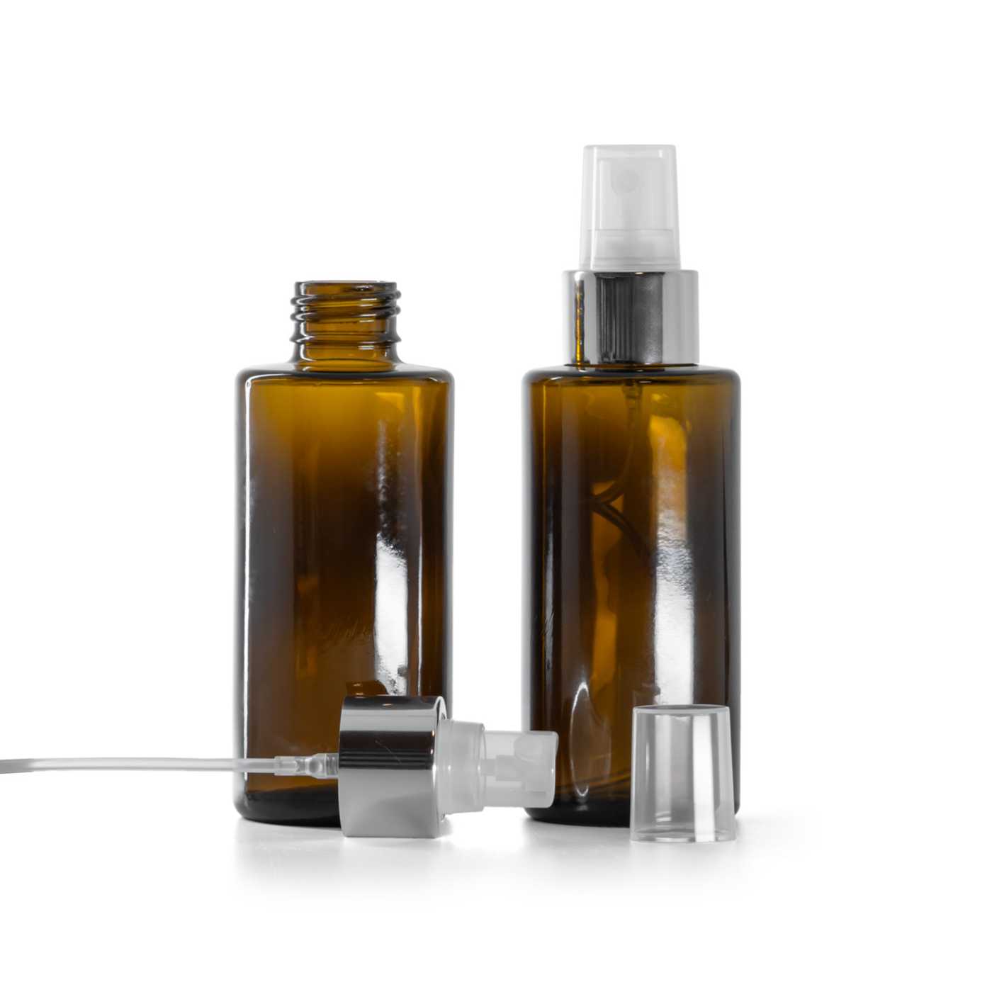 Butelka szklana, prosty wierzch, 24 mm, przezroczysty atomizer, srebrny błyszczący pierścień, 100 ml