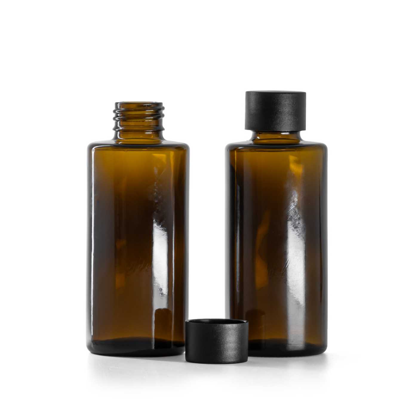Sklenená fľaška, rovný vrch, 24 mm, matný čierny vrchnák, 100 ml