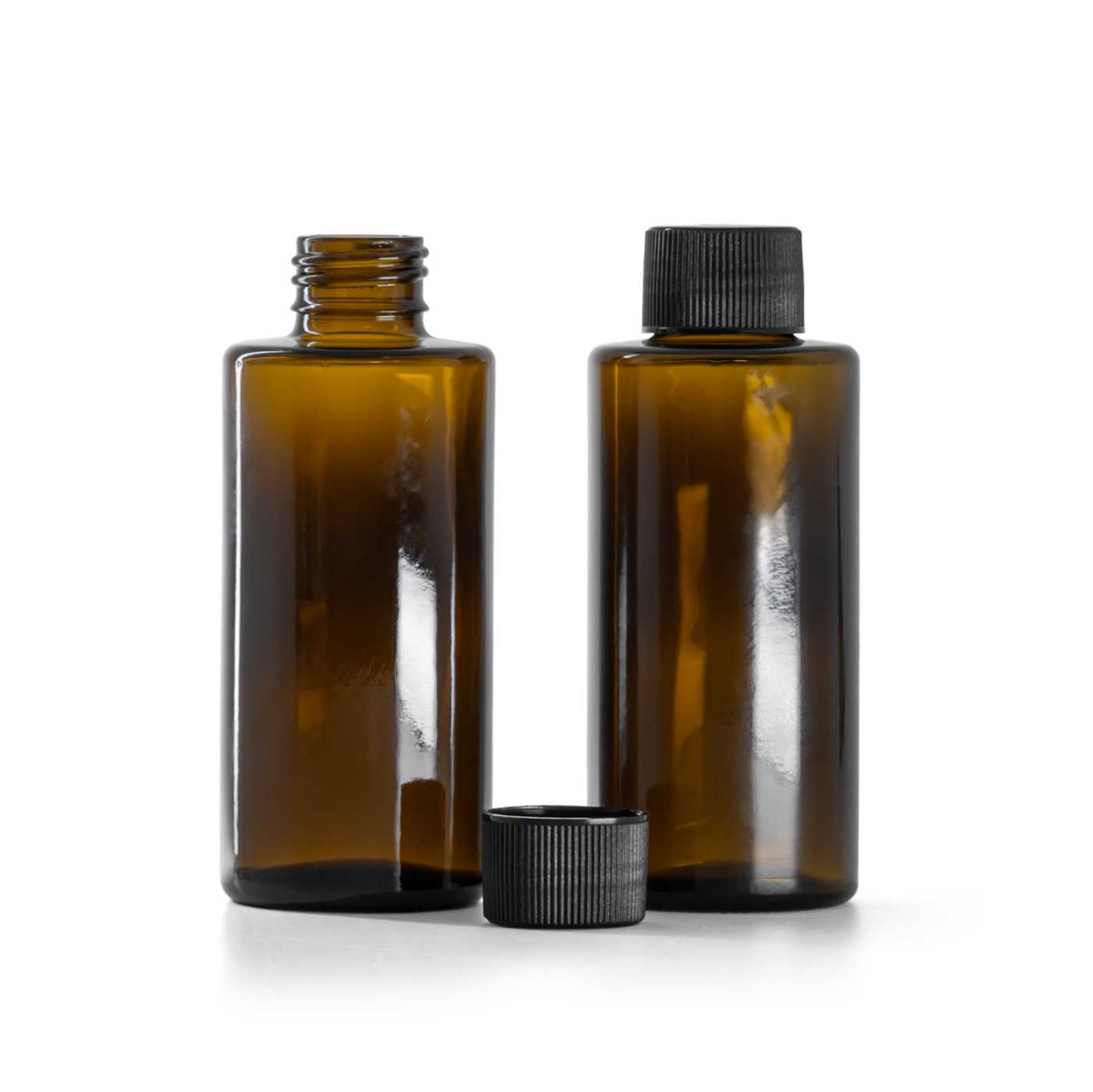 Sklenená fľaška, rovný vrch, 24 mm, čierny vrúbkovaný vrch, 100 ml
