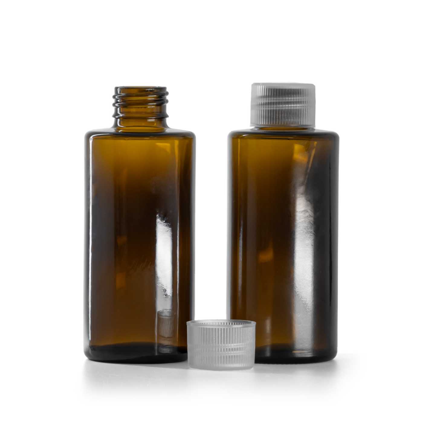 Butelka szklana, prosty wierzch, 24 mm, przezroczysta nakrętka, 100 ml