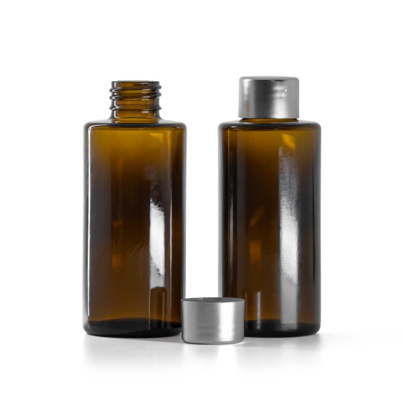 Sklenená fľaška, rovný vrch, 24 mm, strieborný vrch, 100 ml
