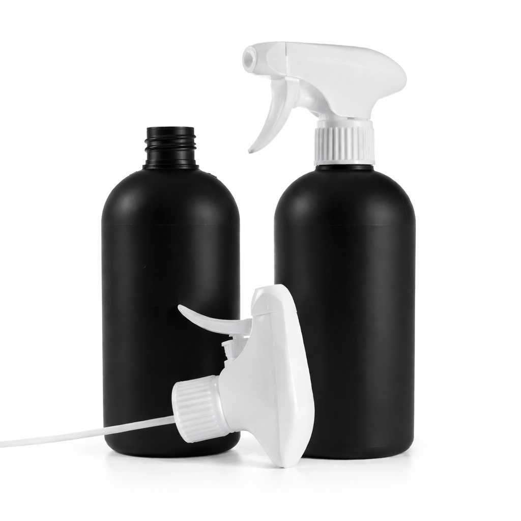 Butelka plastikowa czarna, HDPE, biały spryskiwacz, 500 ml