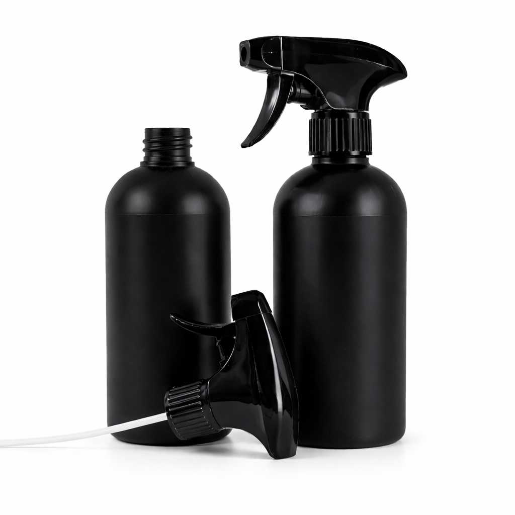 Plastová fľaška HDPE, čierna, čierny rozprašovač, 500 ml
