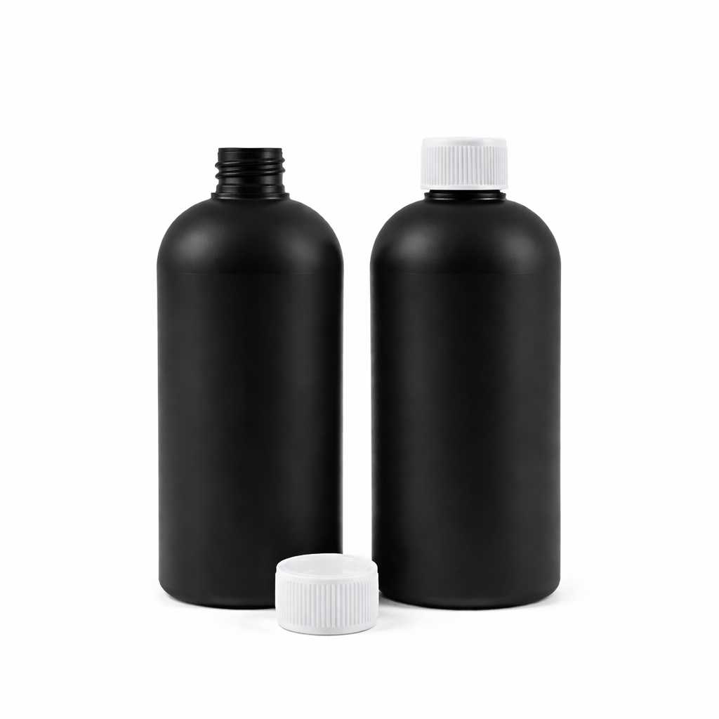 Plastová fľaška HDPE, čierna s bezpečnostným vrchnákom, 500 ml