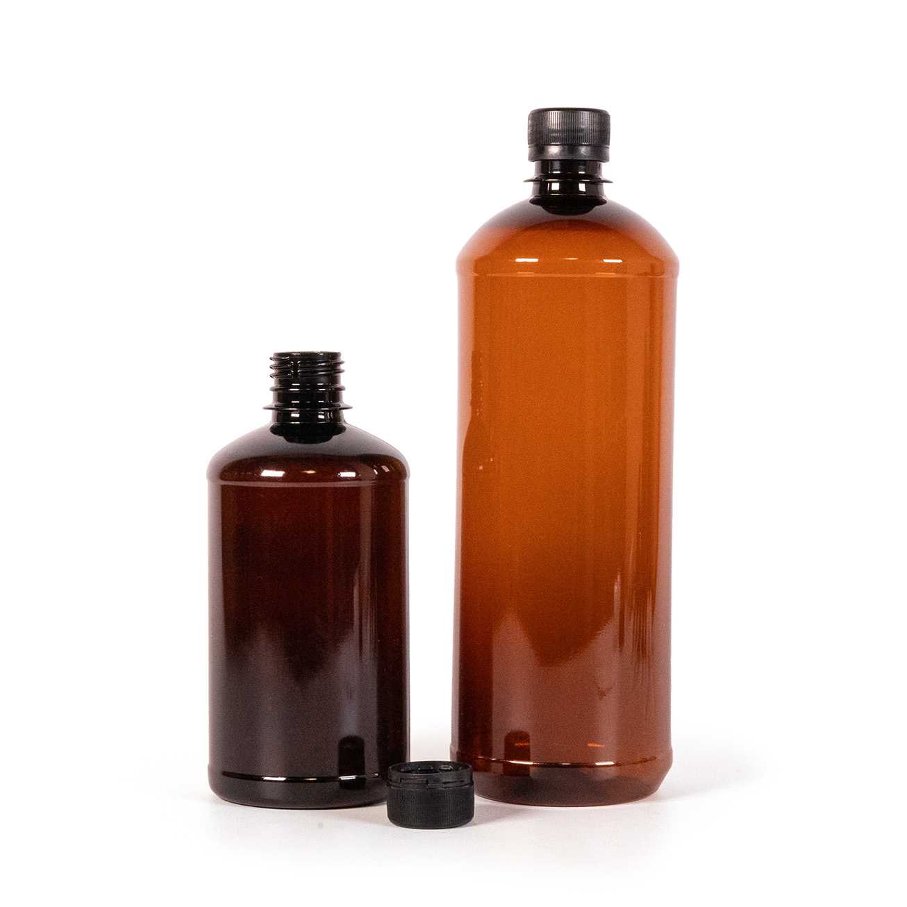 Bouteille en plastique brun, bouchon noir, 1000 ml