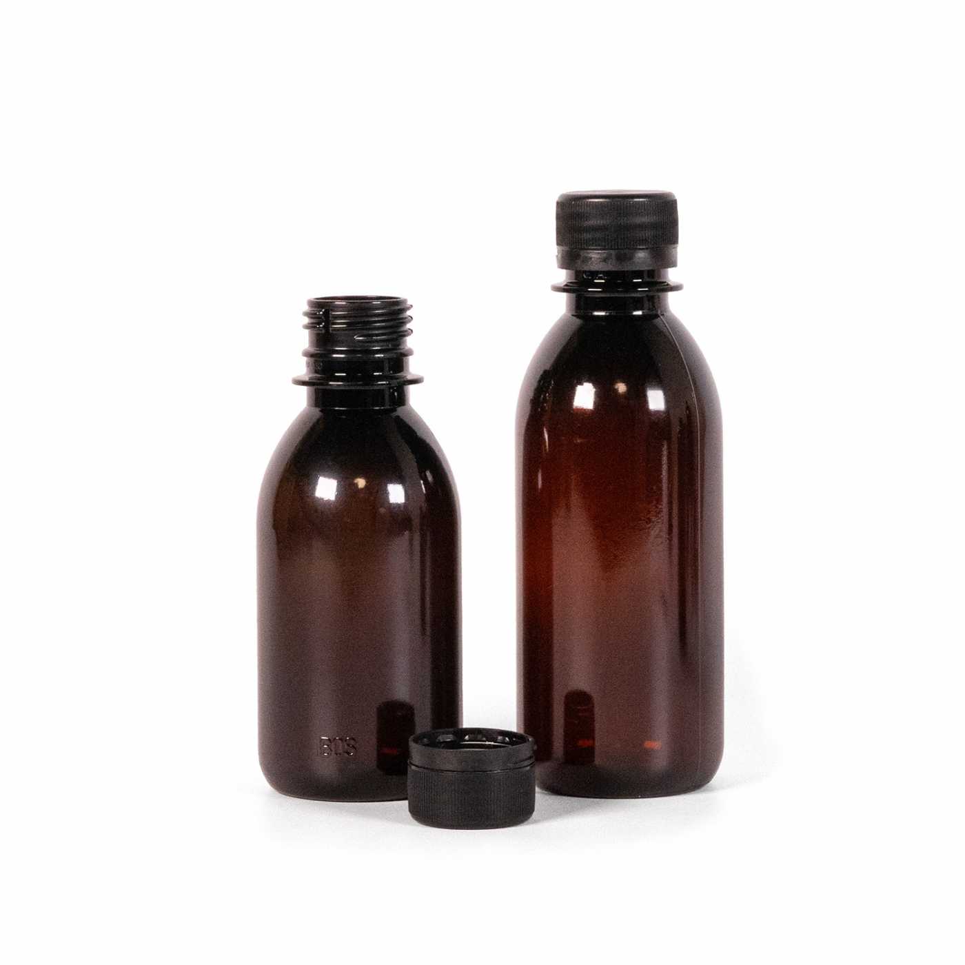 Butelka plastikowa brązowa, czarna nakrętka, 150 ml