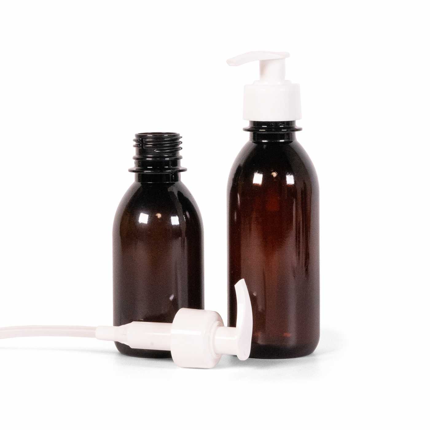 Butelka plastikowa brązowa, biała pompka, 200 ml