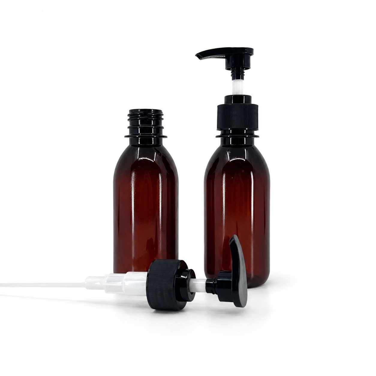 Butelka plastikowa brązowa, czarna pompka ryflowana, 200 ml