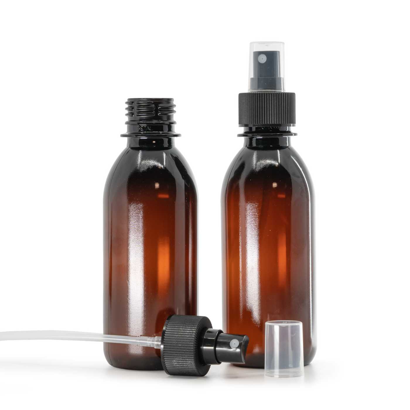 Butelka plastikowa apteczna 28/410, brązowa, atomizer czarny 28/410, żebrowany pierścień, 200 ml