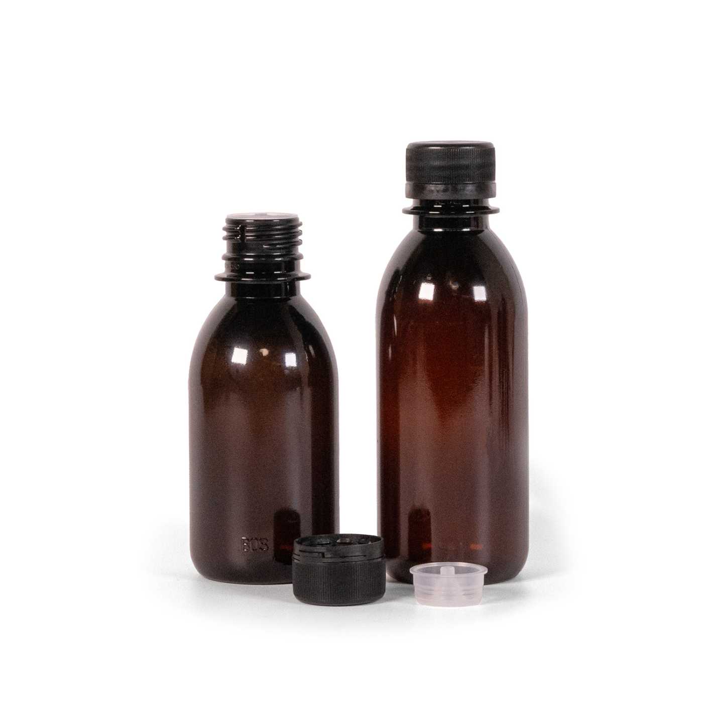 Bouteille en plastique brun, bouchon compte-gouttes noir inviolable, 200 ml