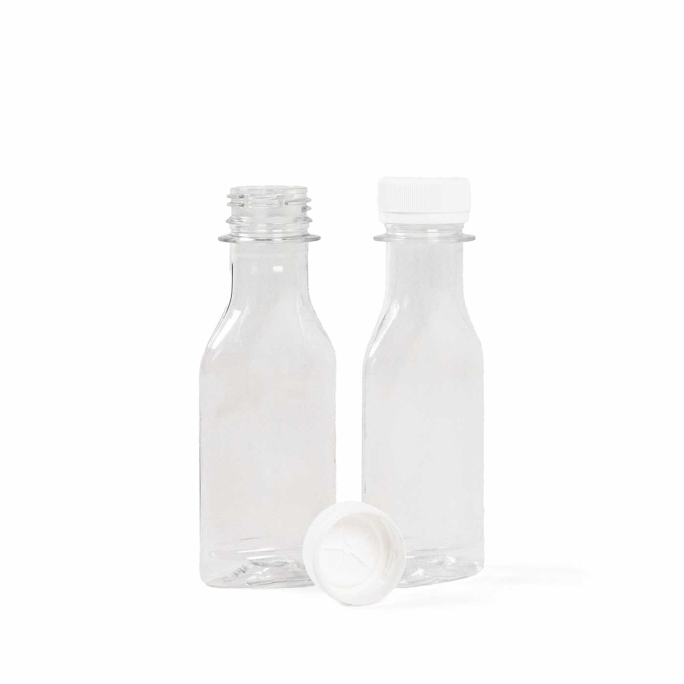 Átlátszó lapos műanyag üvegcse, fehér kupak, 50 ml, 100 db