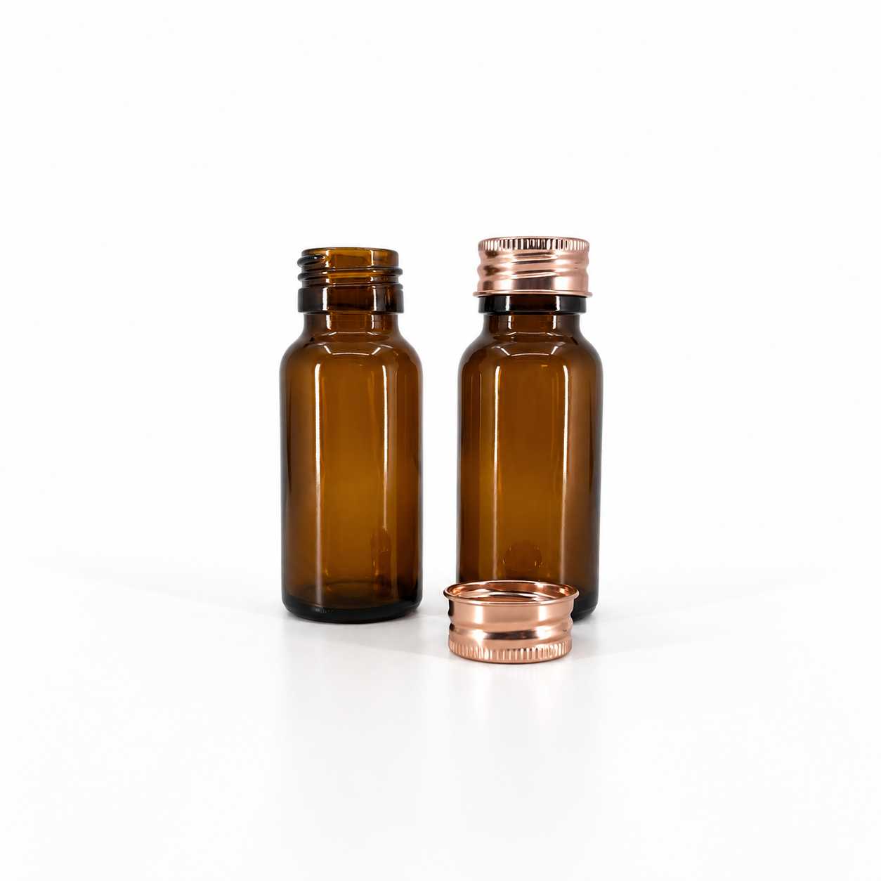 Sklenená fľaška, liekovka, 28 mm, hliníkový vrchnák ružovo-zlatý, 50 ml
