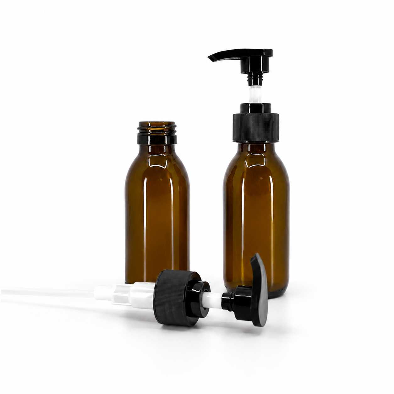 Sklenená fľaška, liekovka, 28 mm, čierny vrúbkovaný dávkovač, 100 ml