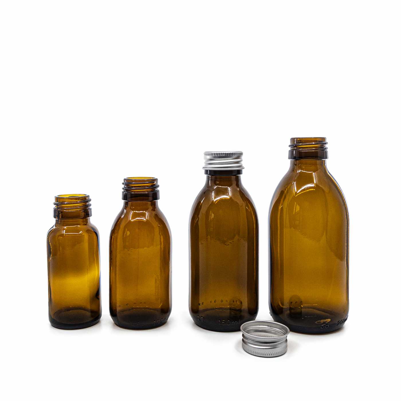 Sklenená fľaška, liekovka, 28 mm, hliníkový vrchnák strieborný, 100 ml