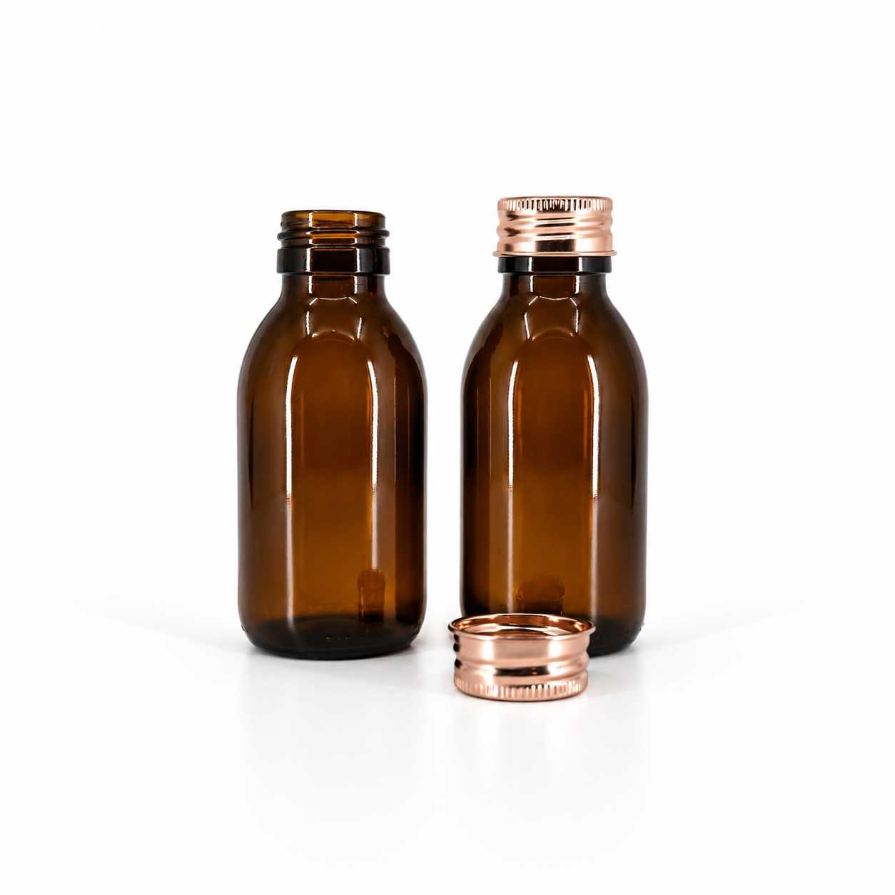 Sklenená fľaška, liekovka, 28 mm, hliníkový vrchnák ružovo-zlatý, 100 ml