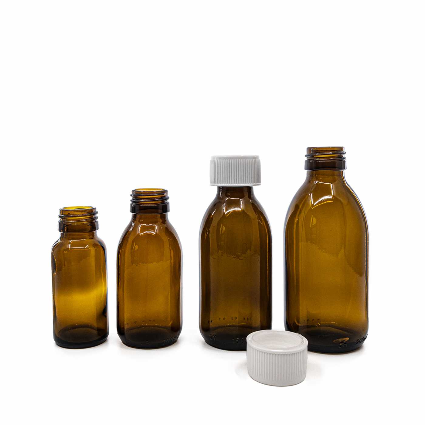 Sklenená fľaška, liekovka, 28 mm, biely bezpečnostný vrchnák, 100 ml