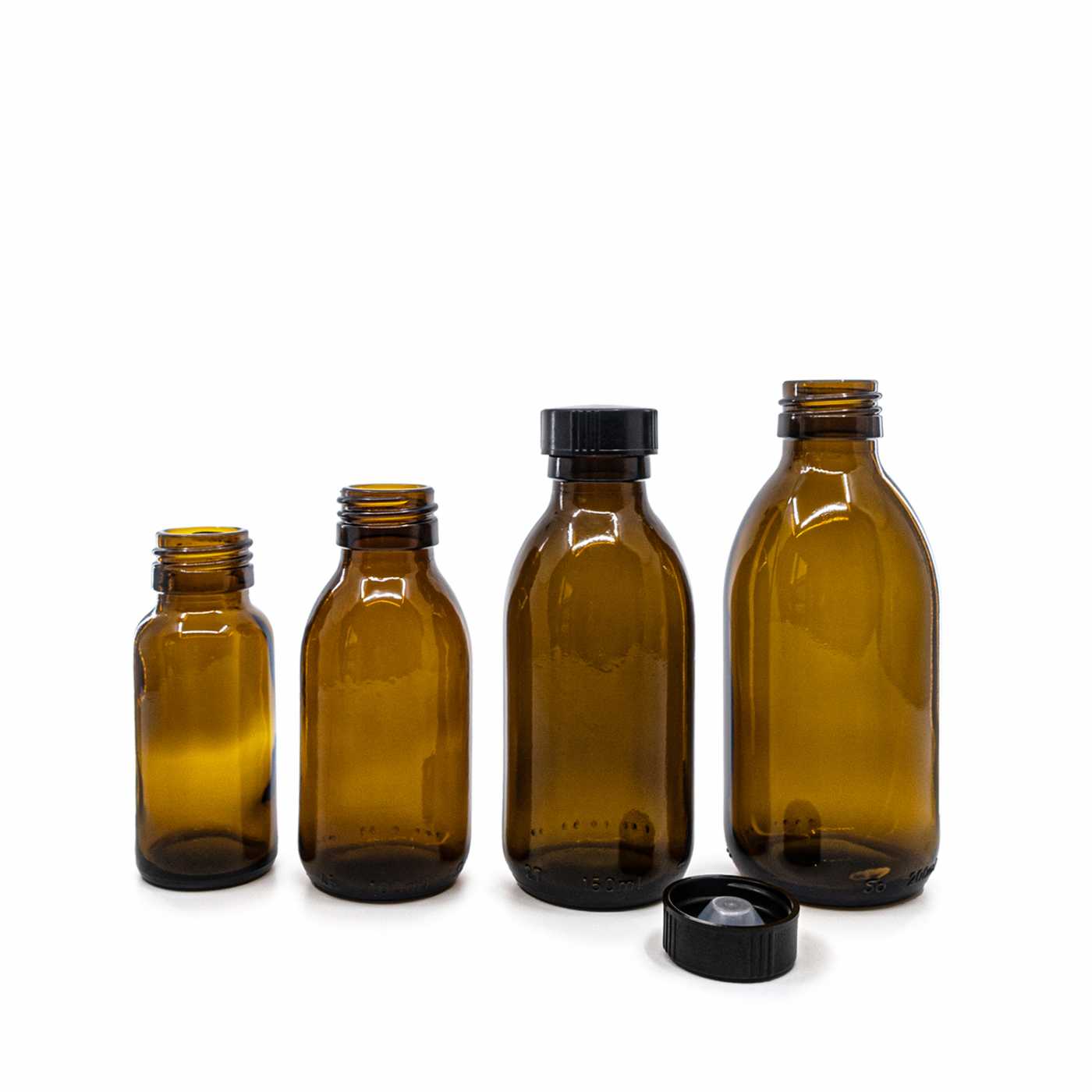 Sklenená fľaška, liekovka, 28 mm, čierny nízky vrchnák, 100 ml