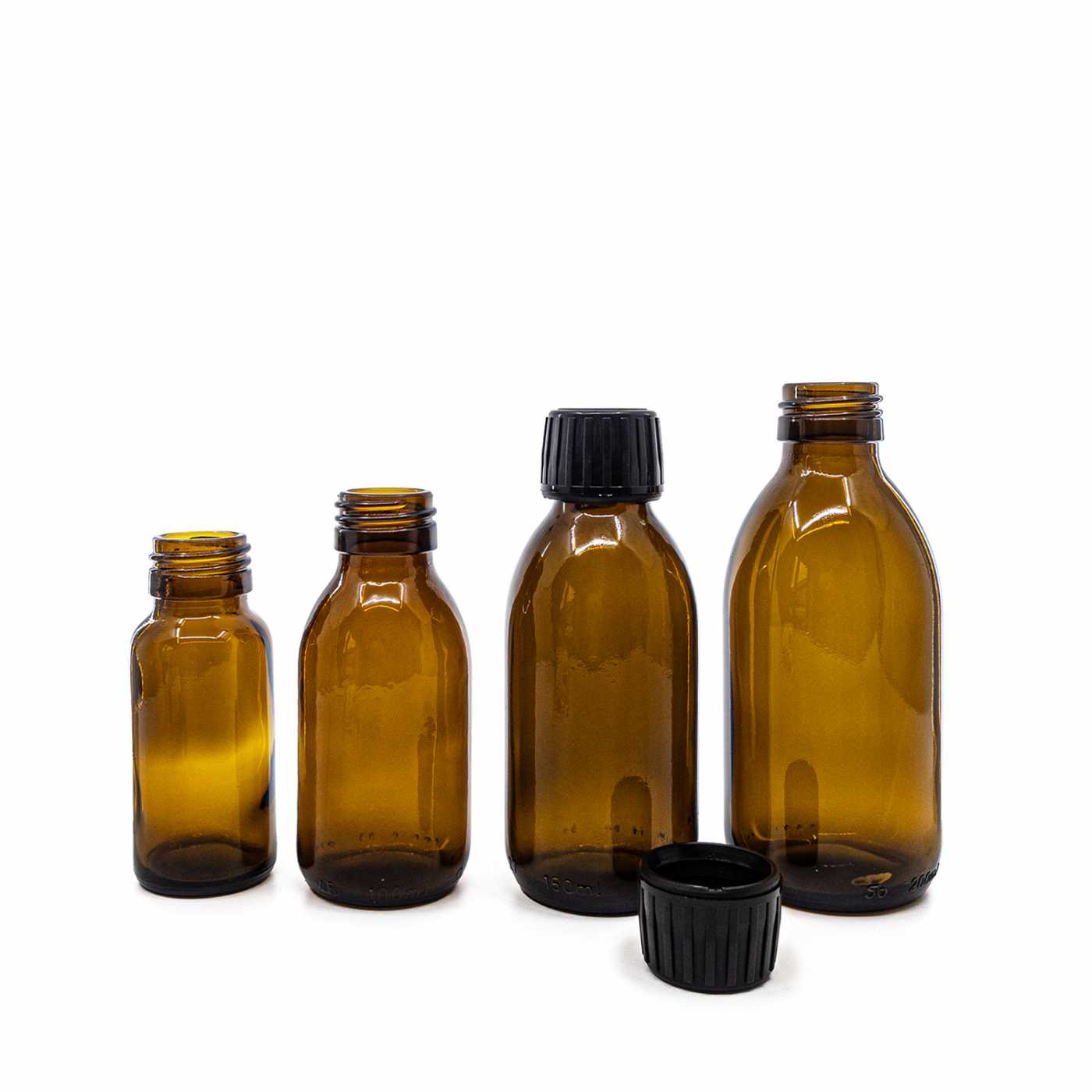 Sklenená fľaška, liekovka, 28 mm, čierny vrchnák, 100 ml