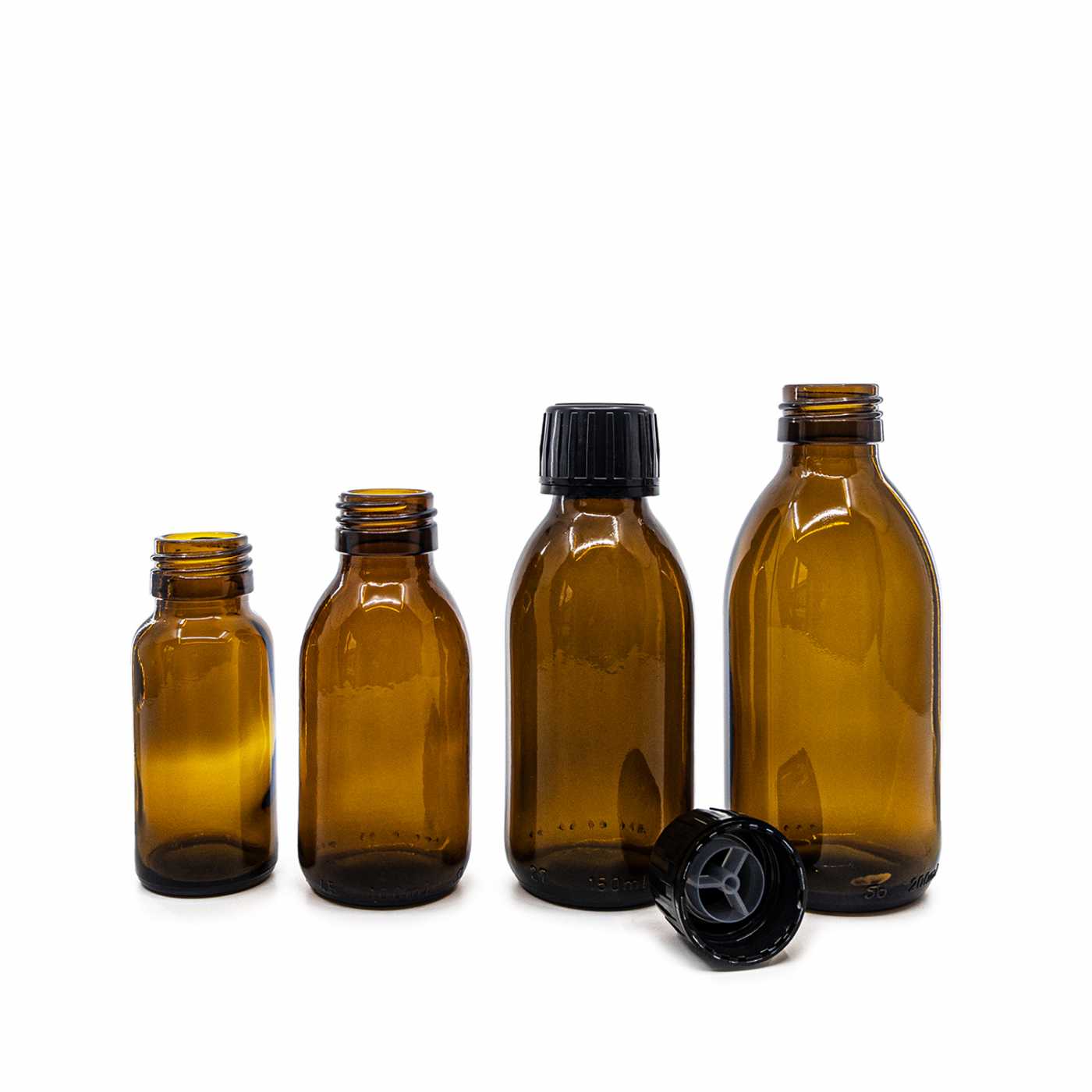 Sklenená fľaška, liekovka, 28 mm, čierny vrchnák s nalievacou vložkou, 100 ml