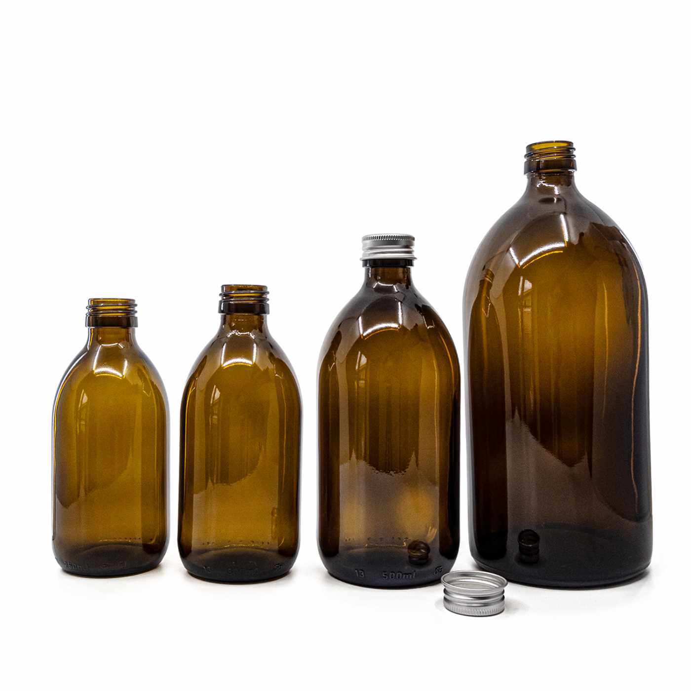 Sklenená fľaška, liekovka, 28 mm, strieborný vrchnák, 1 l