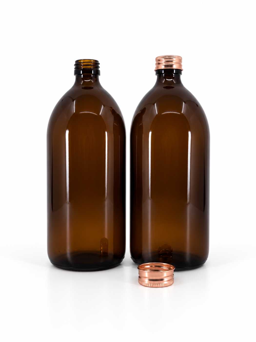 Sklenená fľaška, liekovka, 28 mm, ružovo-zlatý vrchnák, 1 l