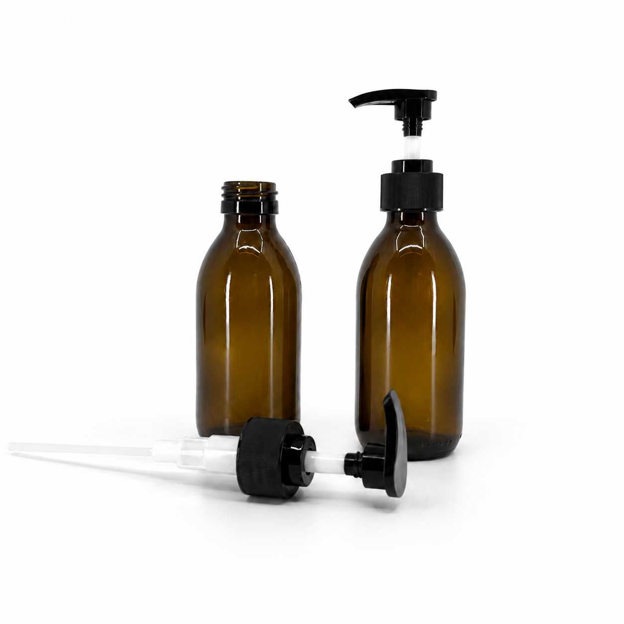 Sklenená fľaška, liekovka, 28 mm, čierny vrúbkovaný dávkovač, 150 ml