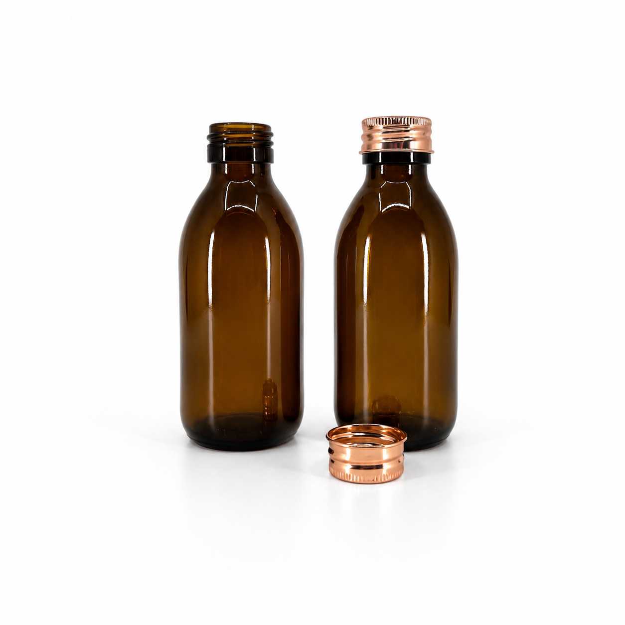 Sklenená fľaška, liekovka, 28 mm, hliníkový vrchnák ružovo-zlatý, 150 ml