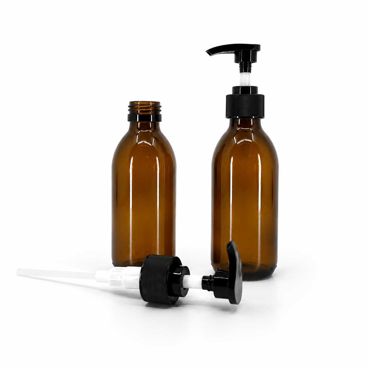 Sklenená fľaška, liekovka, 28 mm, čierny vrúbkovaný dávkovač, 200 ml