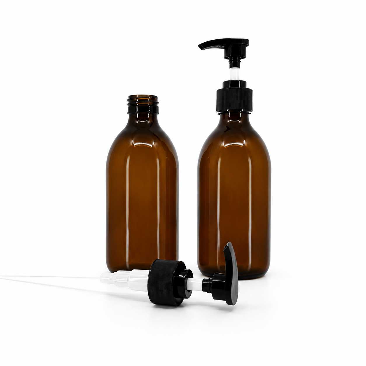 Sklenená fľaška, liekovka, 28 mm, 250 ml, čierny dávkovač, vrúbkovaná obruč