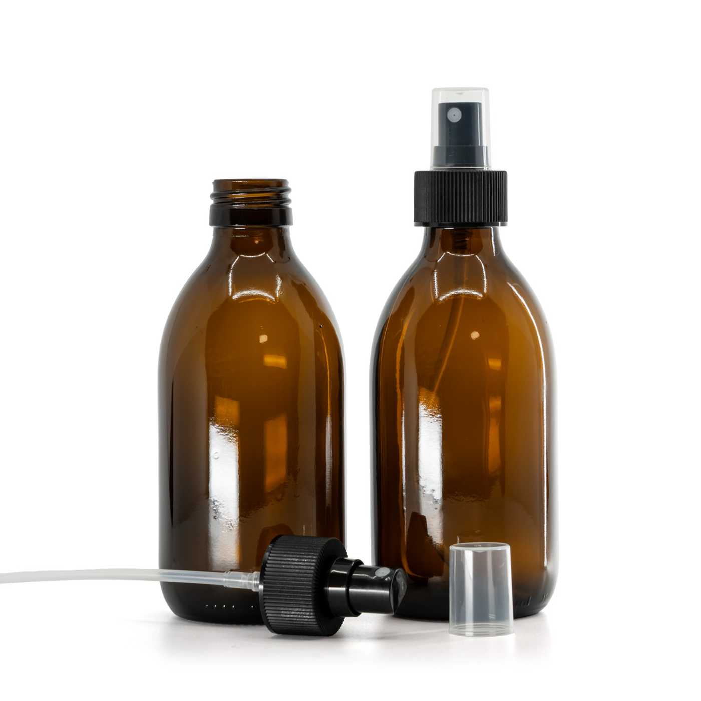 Skleněná láhev, hnědá, plastový rozprašovač, černý, vroubkovaný límec, 28/410, 250 ml