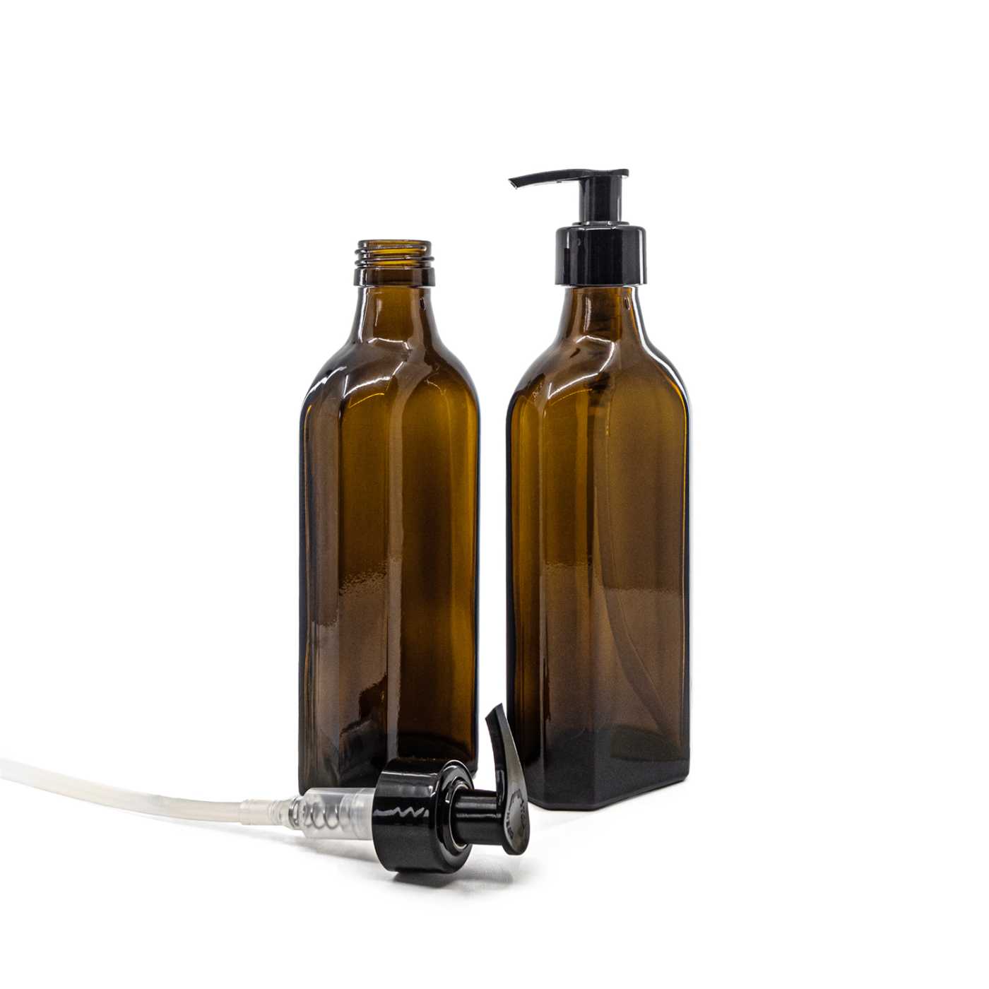 Butelka szklana apteczna, płaska, PP28S, czarny dozownik, gładki pierścień, 250 ml