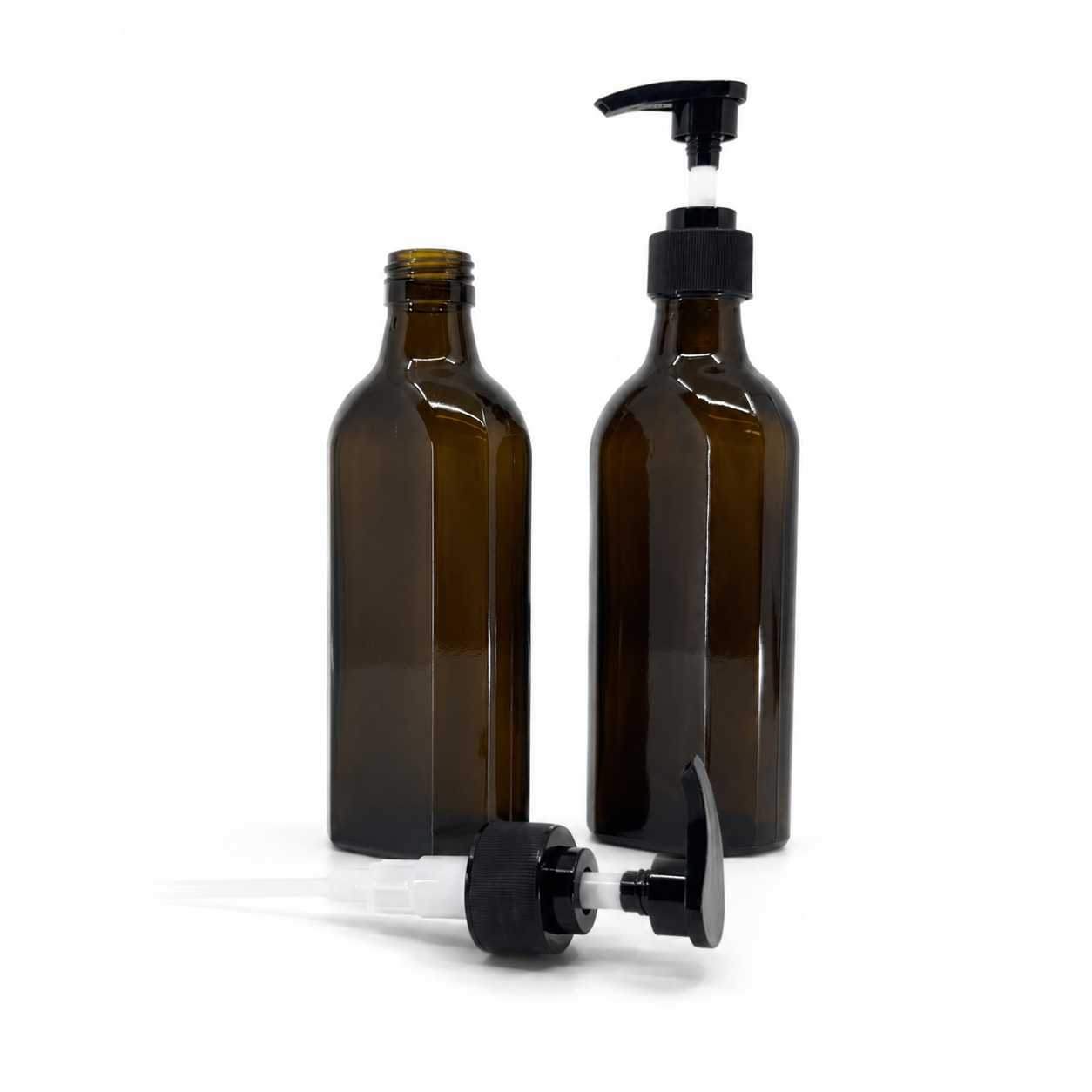 Butelka szklana apteczna, płaska, PP28S, czarny dozownik, karbowany pierścień, 250 ml