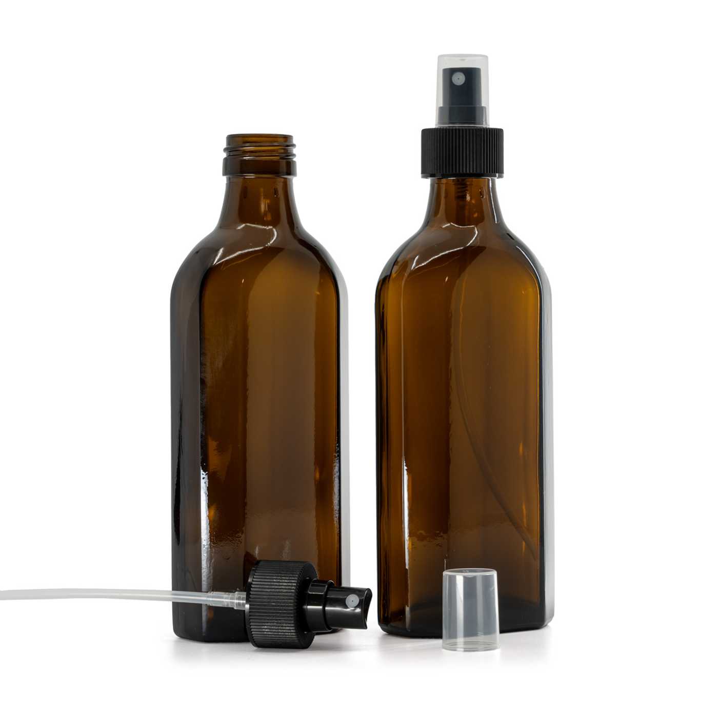 Butelka szklana apteczna, płaska, PP28S, czarny atomizer plastikowy, karbowany pierścień, 250 ml