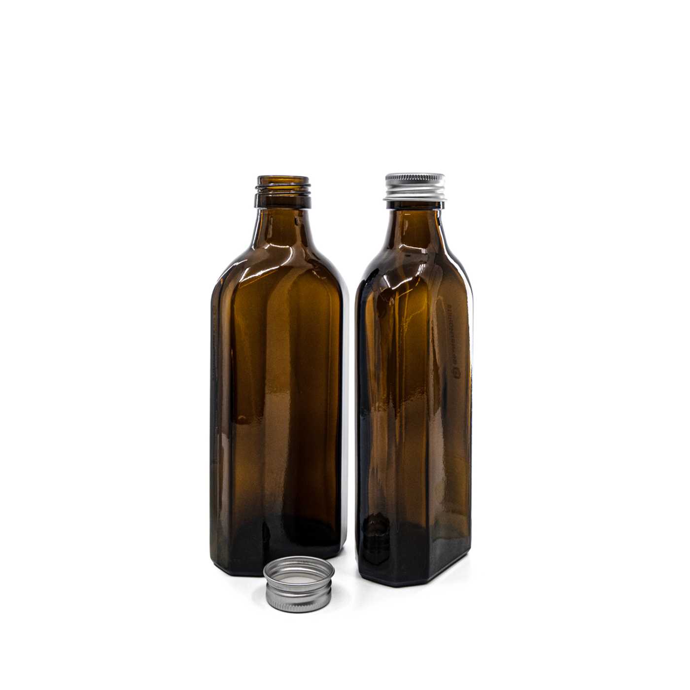 Butelka szklana apteczna, płaska, PP28S, srebrna nakrętka aluminiowa, 250 ml