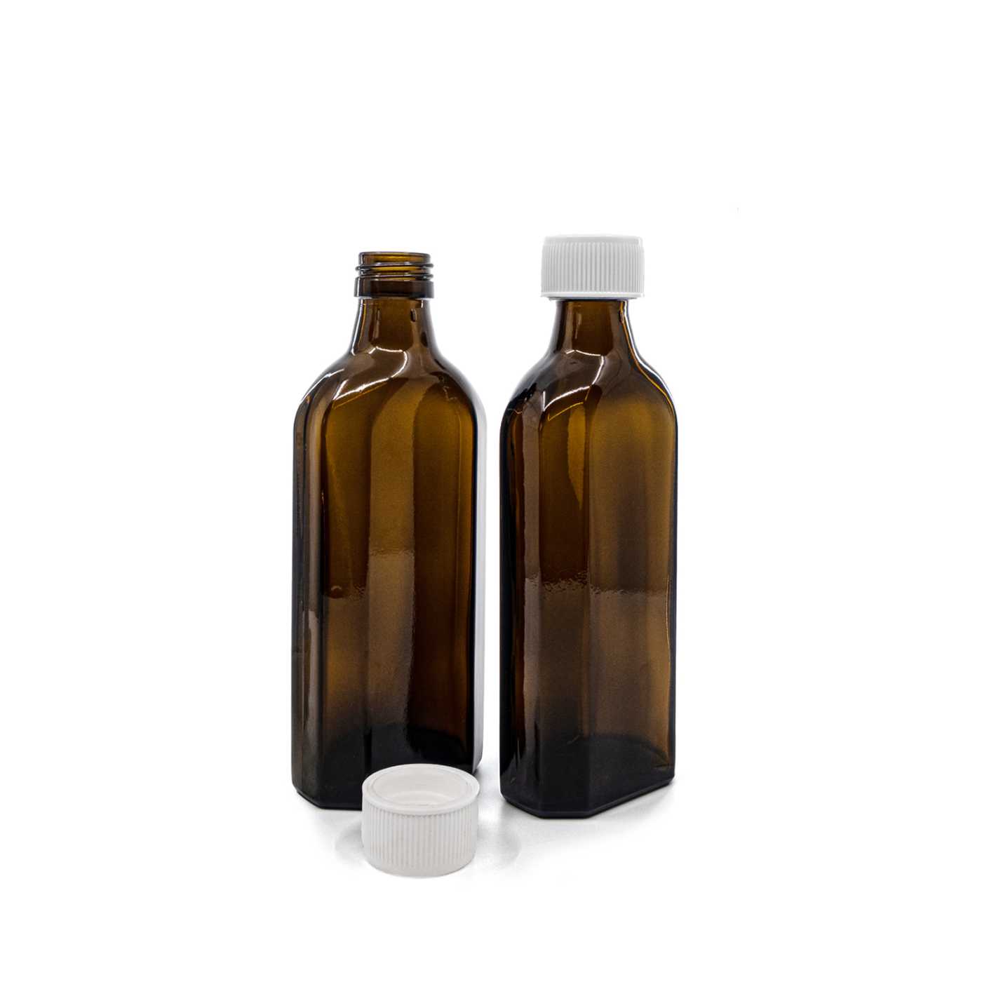 Butelka szklana apteczna, płaska, PP28S, biała nakrętka z zabezpieczeniem, 250 ml