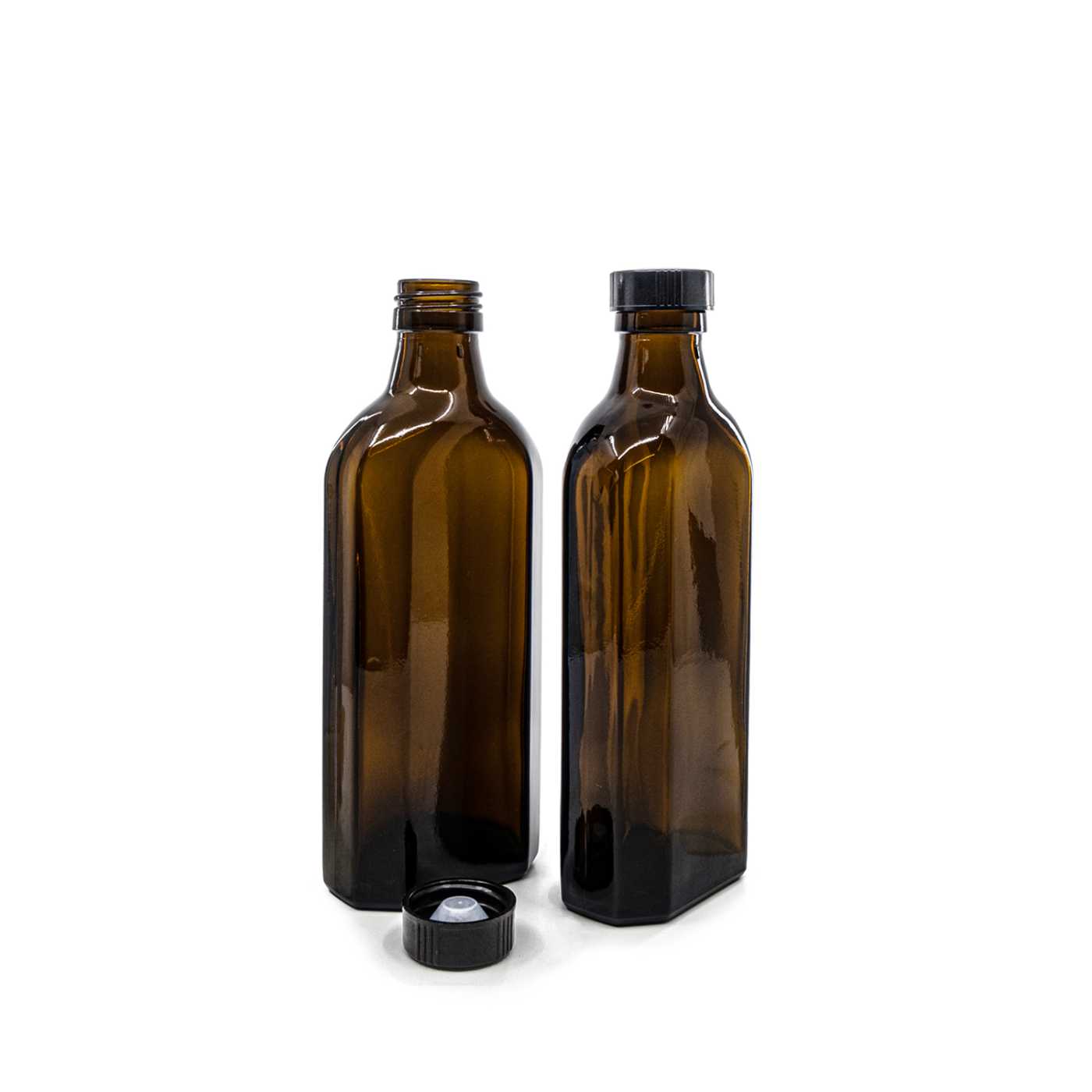 Butelka szklana apteczna, płaska, PP28S, czarna niska nakrętka, 250 ml