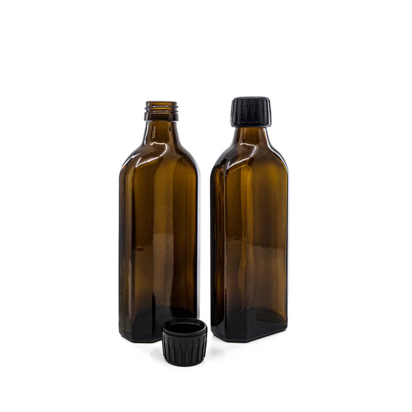 Butelka szklana apteczna, płaska, PP28S, czarna nakrętka, 250 ml