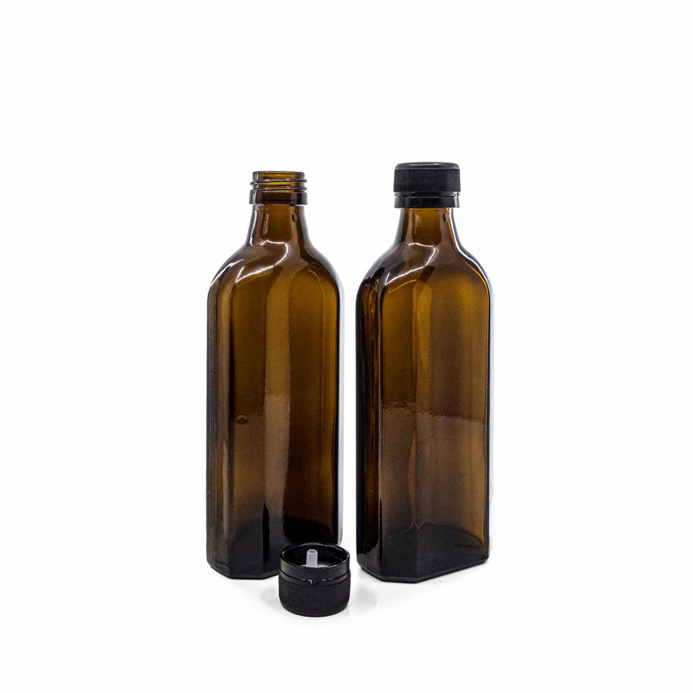 Butelka szklana apteczna, płaska, 28 mm, czarna plastikowa nakrętka z kroplomierzem, 250 ml